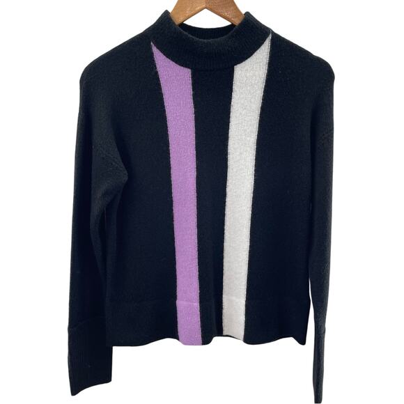 NWT Halogen Nordstrom’s Mock Neck Ultra Soft Sweater Black Purple Ivory Stripe - Picture 2 of 9